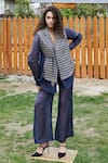 Shop_She'll_Blue V-neck Metallic Vest Shirt And Pant Set _Online_at_Aza_Fashions