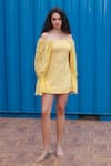 Buy_She'll_Yellow Jacquard Lace Off-shoulder Sleeve Dress _at_Aza_Fashions