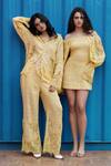 She'll_Yellow Jacquard Lace Off-shoulder Sleeve Dress _at_Aza_Fashions