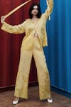 She'll_Yellow Jacquard Lace Collared Weaved Shirt Pant Set _Online_at_Aza_Fashions