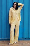 Buy_She'll_Yellow Jacquard Lace Collared Weaved Shirt Pant Set _at_Aza_Fashions