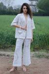 Buy_She'll_Ivory Jacquard Tassels V-neck Self Shirt And Pant Set _at_Aza_Fashions