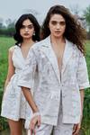 Shop_She'll_Ivory Jacquard Tassels V-neck Self Shirt And Pant Set _Online_at_Aza_Fashions