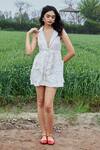 Buy_She'll_Ivory Tassels V-neck Self Jacquard Mini Dress _at_Aza_Fashions