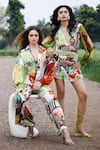 She'll_Multi Color Chiffon Plunge Neck, Multicolor Designer Dress _at_Aza_Fashions
