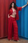 Buy_She'll_Red Jacquard Round Neck, Sheer Stripe Set _at_Aza_Fashions