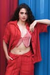 She'll_Red Jacquard Round Neck, Sheer Stripe Set _Online_at_Aza_Fashions