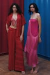 Buy_She'll_Red Jacquard Round Neck, Sheer Stripe Set _Online_at_Aza_Fashions