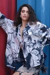 She'll_Blue Collared Blue-white Floral Print Shirt And Skirt Set _at_Aza_Fashions