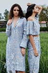 She'll_Blue Jacquard Beads Off-shoulder Misty Self Sheer Set _Online_at_Aza_Fashions