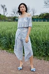 Buy_She'll_Blue Jacquard Beads Off-shoulder Misty Self Sheer Set _at_Aza_Fashions
