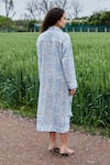 Shop_She'll_Blue Jacquard V-neck Misty Self Sheer Dress _at_Aza_Fashions