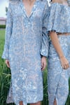 She'll_Blue Jacquard V-neck Misty Self Sheer Dress _at_Aza_Fashions