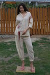Shop_She'll_Beige Cotton Embroidery Collared Ecru Stripe Dobby Set _at_Aza_Fashions