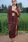 Buy_She'll_Brown Georgette, Satin Embroidery Open Neck Mocha Cross-stitch Set _Online_at_Aza_Fashions