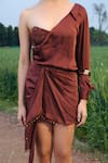 Buy_She'll_Brown Georgette Beads Asymmetric Mocha Satin One-shoulder Dress _Online_at_Aza_Fashions