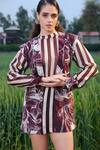 She'll_Brown Organza, Crepe Round Neck Floral Print Blazer Dress _Online_at_Aza_Fashions