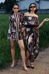 Shop_She'll_Brown Organza, Crepe Round Neck Floral Print Blazer Dress _Online_at_Aza_Fashions
