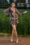 Buy_She'll_Brown Organza, Crepe Round Neck Floral Print Blazer Dress _at_Aza_Fashions