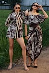 Buy_She'll_Brown Crepe Off-shoulder Floral Print Top And Pants Set _Online_at_Aza_Fashions