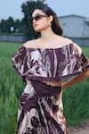 Shop_She'll_Brown Crepe Off-shoulder Floral Print Top And Pants Set _Online_at_Aza_Fashions