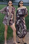 She'll_Brown Crepe Off-shoulder Floral Print Top And Pants Set _at_Aza_Fashions