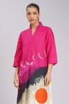 Buy_Taika By Poonam Bhagat_Multi Color Linen Embroidery Split V-neck Pink Jam Tunic 