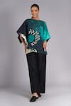 Buy_Taika By Poonam Bhagat_Teal Linen Embroidery Round Neck Sky Tunic _at_Aza_Fashions