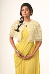 Buy_Couture By Niharika_Yellow Organza, Georgette, Viscose Round Neck And Draped Saree Set _Online_at_Aza_Fashions