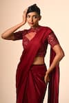 Buy_Couture By Niharika_Red Organza, Satin, Georgette Embroidery High Neck Designer Pre-draped Saree Set _Online_at_Aza_Fashions