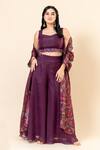 Mamicha_Wine Crepe Sequins Open , Sweetheart Printed Cape Set _Online_at_Aza_Fashions