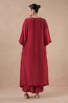 Shop_Dori & CO._Red Embroidery Split V-neck Ruby Silk Crepe Kurta And Pants Set _at_Aza_Fashions