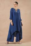 Buy_Dori & CO._Sapphire Embroidery Split V-neck Blue Silk Crepe Kurta And Pants Set _at_Aza_Fashions