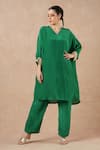 Buy_Dori & CO._Emerald Green Embroidery V-neck Silk Crepe Kurta And Pants Set _at_Aza_Fashions