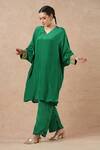 Shop_Dori & CO._Emerald Green Embroidery V-neck Silk Crepe Kurta And Pants Set _Online_at_Aza_Fashions