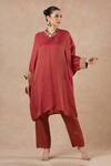 Buy_Dori & CO._Red Silk, Tissue Embroidery V-neck Ruby Metal Hand Kurta Set _at_Aza_Fashions