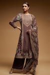 Buy_Nirraamyaa_Brown Bemberg, Crepe Rhinestones Round Neck Designer Kurta Pant Dupatta Set _at_Aza_Fashions