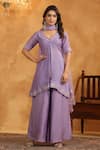 Buy_Anshu Wadhwa_Mauve Chanderi, Muslin, Organza Embroidery Split V-neck Kurta Set With Dupatta _at_Aza_Fashions