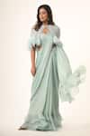 Buy_Couture By Niharika_Blue Georgette, Satin, Viscose Sequins, Beads Round Powder Pre-draped Saree Set _at_Aza_Fashions