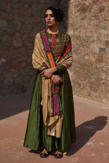 Medha_Green Chinon, Silk Embroidery, Beads Round Neck Handwoven Chiniya Anarkali Set _Online_at_Aza_Fashions