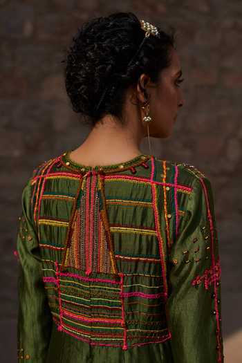 Shop_Medha_Green Chinon, Silk Embroidery, Beads Round Neck Handwoven Chiniya Anarkali Set _Online_at_Aza_Fashions