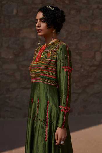 Medha_Green Chinon, Silk Embroidery, Beads Round Neck Handwoven Chiniya Anarkali Set _at_Aza_Fashions