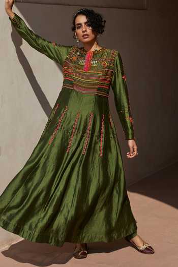 Shop_Medha_Green Chinon, Silk Embroidery, Beads Round Neck Handwoven Chiniya Anarkali Set 