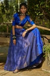 Medha_Blue Silk, Tissue, Organza Embroidery Bright And Green Handwoven Chiniya Set _at_Aza_Fashions