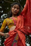 Buy_Medha_Orange Chiffon, Silk Beads Round Neck Textured Saree Set _Online_at_Aza_Fashions