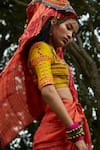 Shop_Medha_Orange Chiffon, Silk Beads Round Neck Textured Saree Set _Online_at_Aza_Fashions