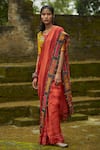 Medha_Orange Chiffon, Silk Beads Round Neck Textured Saree Set _at_Aza_Fashions