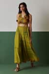 Shop_Medha_Green Cotton, Chiffon Embroidery, Beads V-neck Neon Blouse And Palazzo Set _at_Aza_Fashions