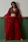 Buy_Medha_Red Cotton, Chiffon Embroidery V-neck And Blue Blouse & Palazzo Set _at_Aza_Fashions
