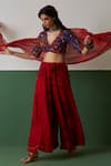 Shop_Medha_Red Cotton, Chiffon Embroidery V-neck And Blue Blouse & Palazzo Set _at_Aza_Fashions